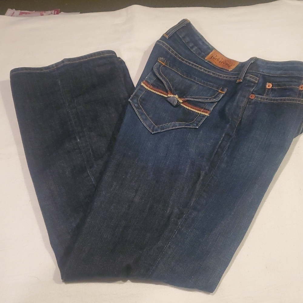 Lucky Brand Lola Boot Jeans Dark Wash Blue Flap Pocket Size 14/32 Short 8AHZ010